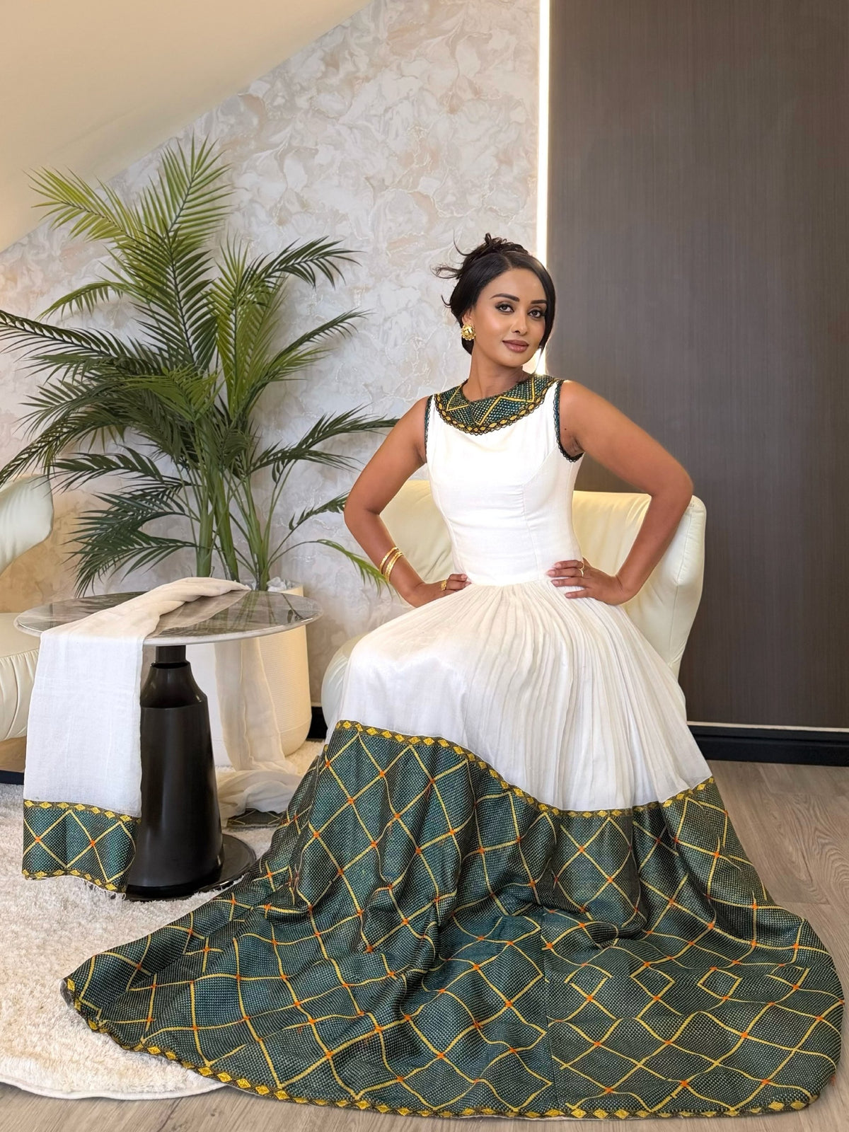Sage Green & Gold Lattice Hem Sleeveless Handloomed Habesha Kemis Ethiopian Clothing & Habesha Dress 1217