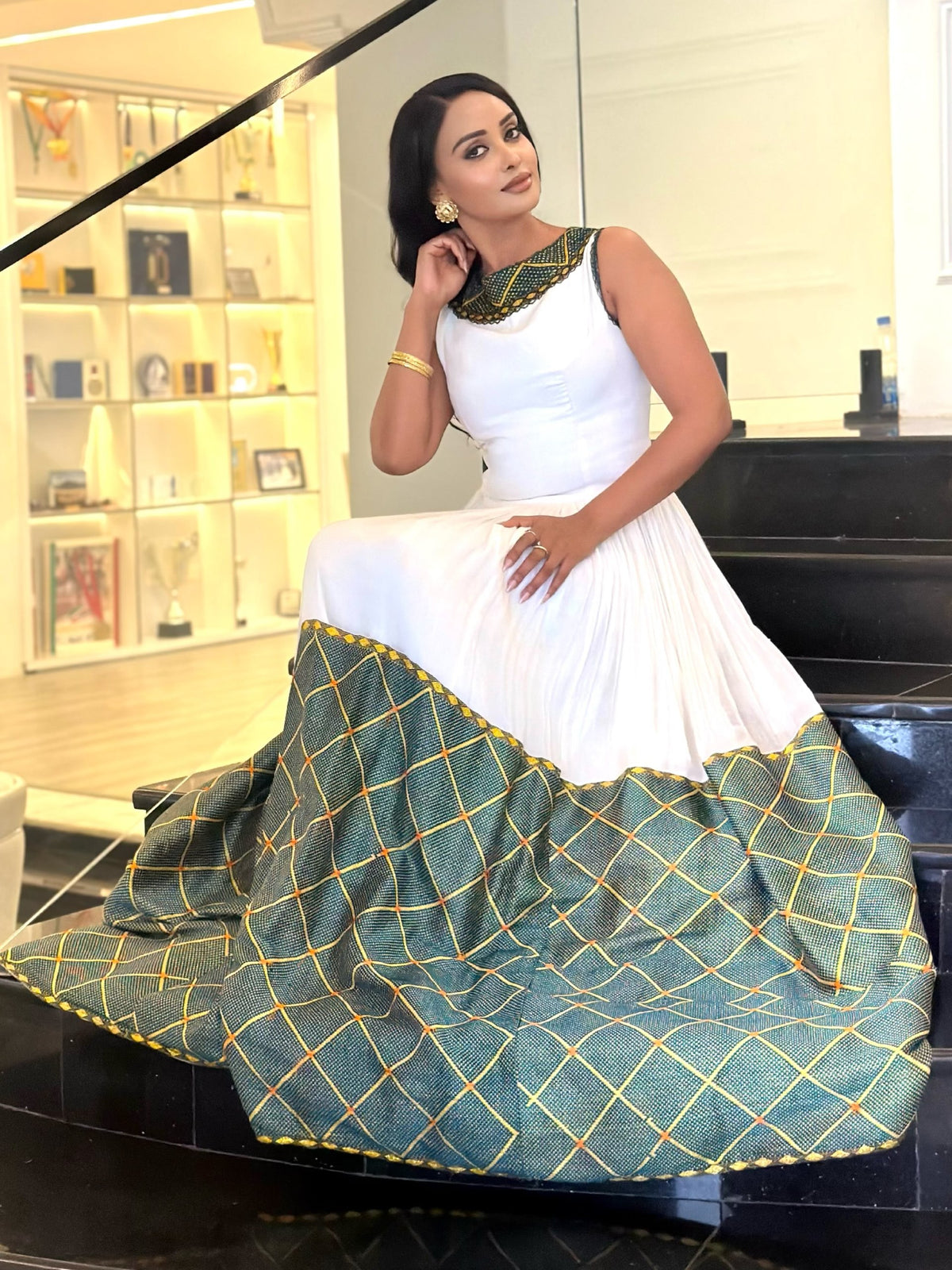 Sage Green & Gold Lattice Hem Sleeveless Handloomed Habesha Kemis Ethiopian Clothing & Habesha Dress 1217