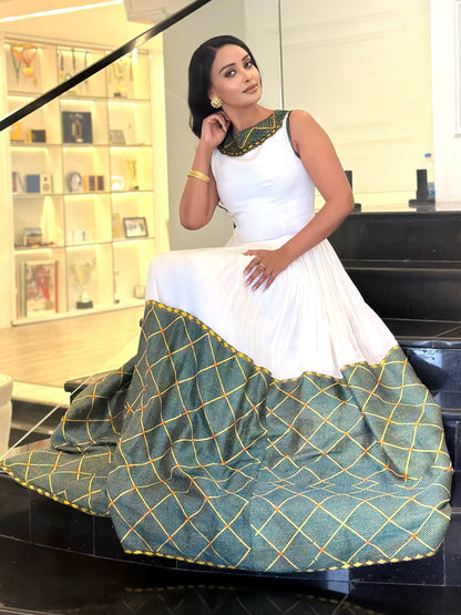Sage Green & Gold Lattice Hem Sleeveless Handloomed Habesha Kemis Ethiopian Clothing & Habesha Dress 1217
