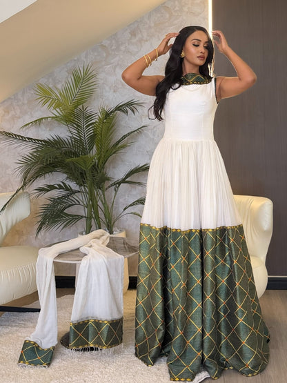 Sage Green & Gold Lattice Hem Sleeveless Handloomed Habesha Kemis Ethiopian Clothing & Habesha Dress 1217
