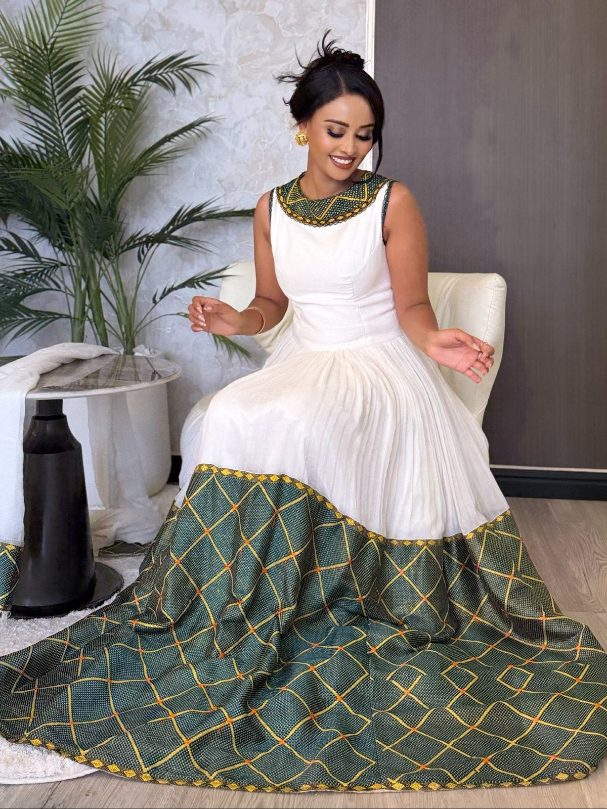 Sage Green & Gold Lattice Hem Sleeveless Handloomed Habesha Kemis Ethiopian Clothing & Habesha Dress 1217