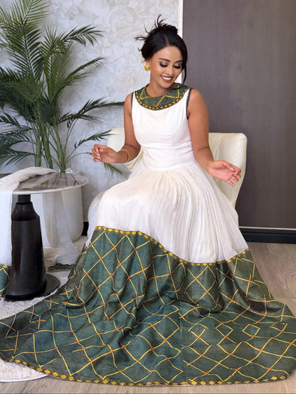 Sage Green & Gold Lattice Hem Sleeveless Handloomed Habesha Kemis Ethiopian Clothing & Habesha Dress 1217