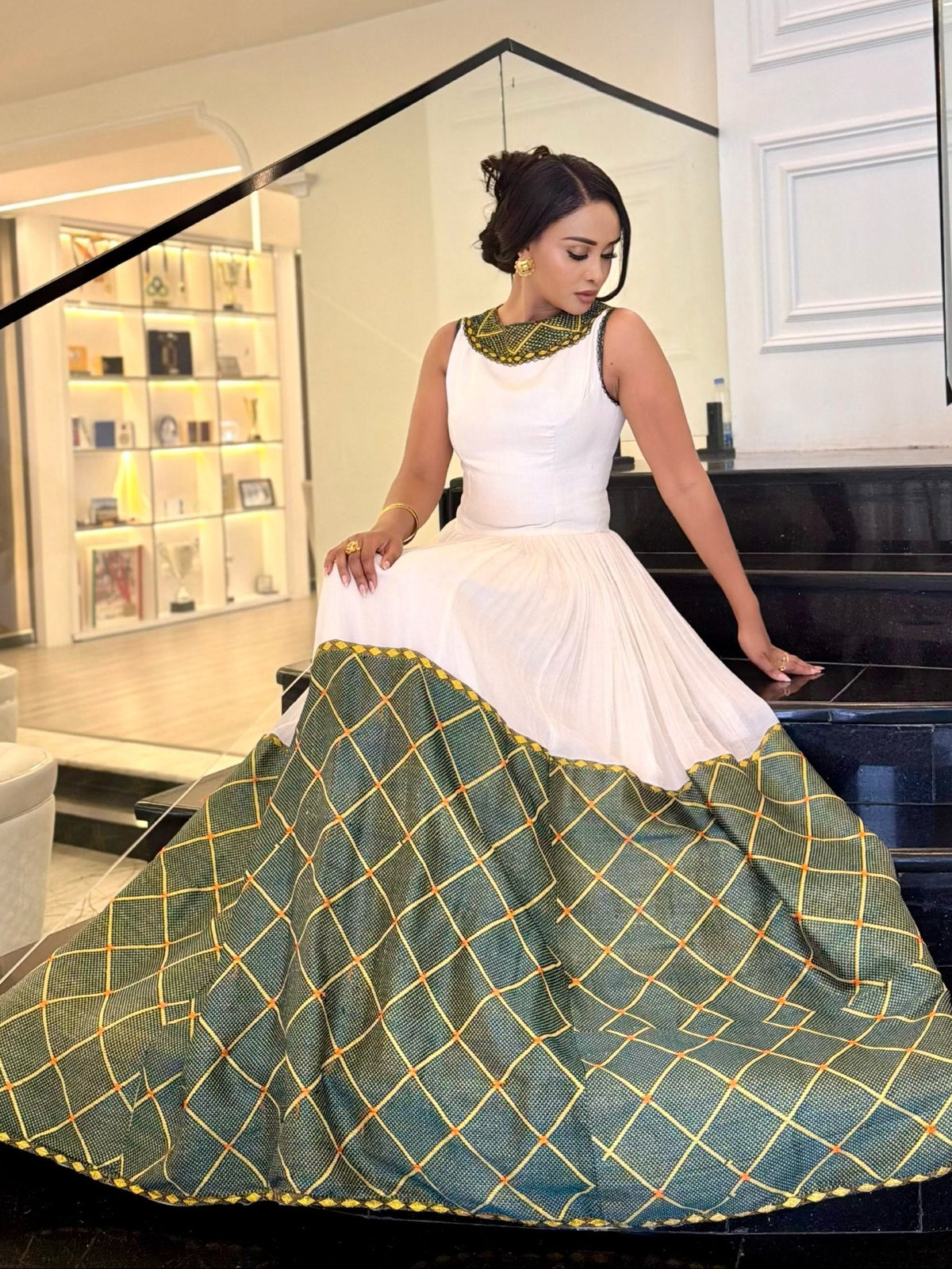 Sage Green & Gold Lattice Hem Sleeveless Handloomed Habesha Kemis Ethiopian Clothing & Habesha Dress 1217
