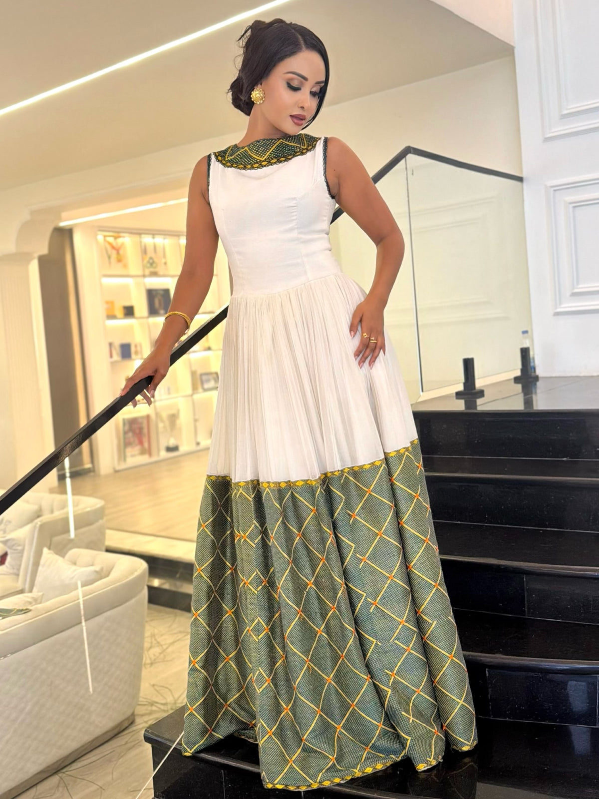 Sage Green & Gold Lattice Gown Fine habesha cloth