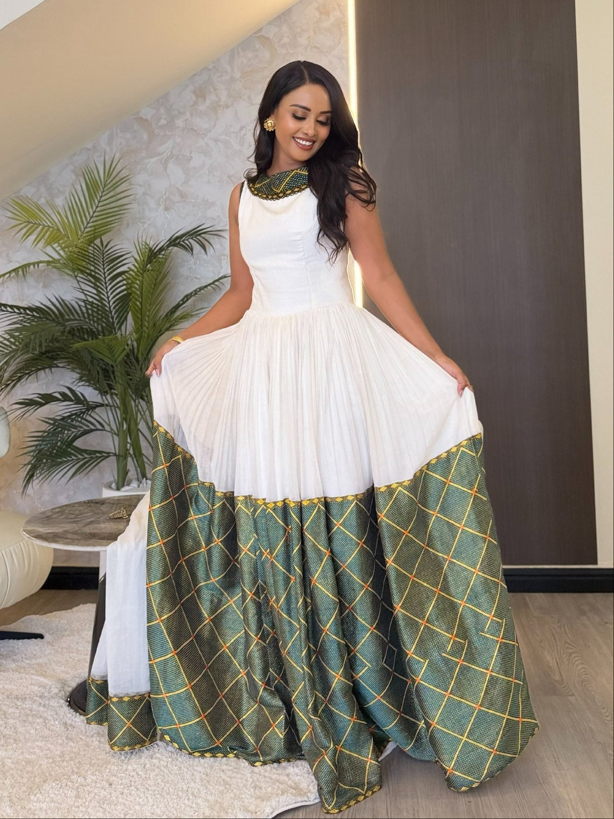 Sage Green & Gold Lattice Hem Sleeveless Handloomed Habesha Kemis Ethiopian Clothing & Habesha Dress 1217