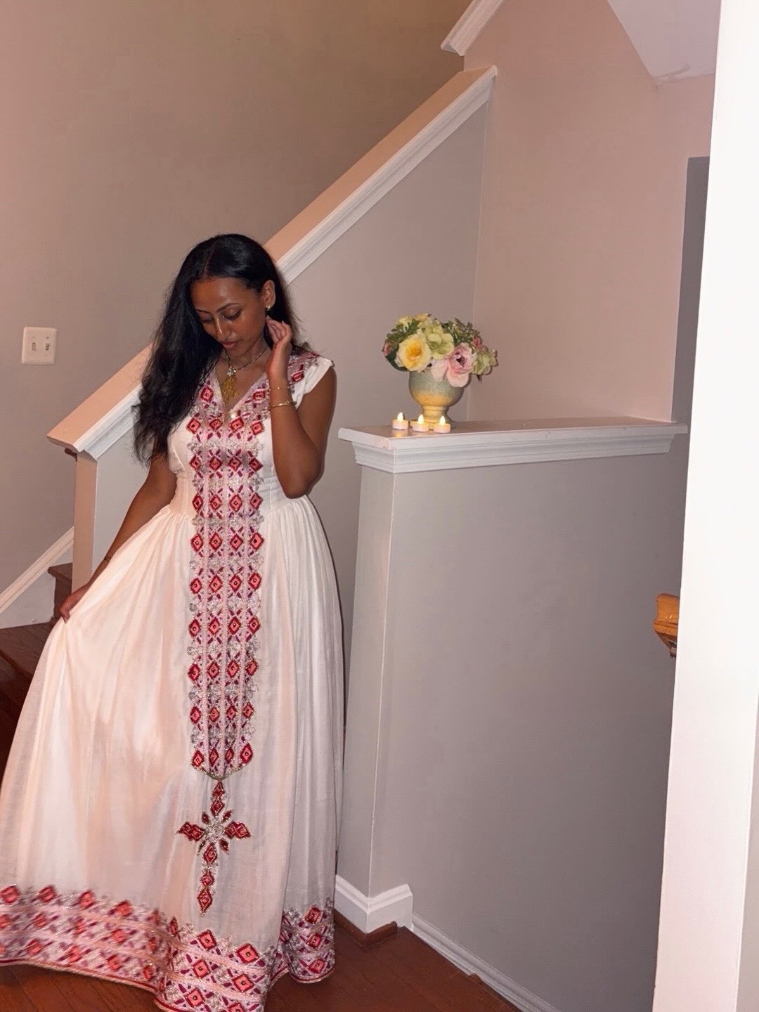 Burgundy & Silver Diamond Tilf Habesha Kemis Short Sleeve Ethiopian Clothing & Habesha Dress 1218