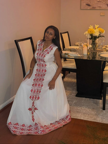 Burgundy & Silver Diamond Tilf Habesha Kemis Short Sleeve Ethiopian Clothing & Habesha Dress 1218