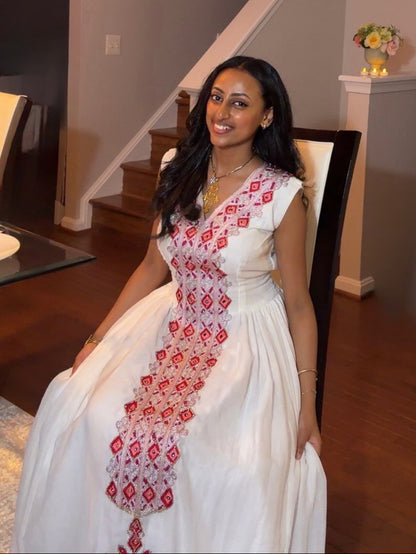 Burgundy & Silver Diamond Tilf Habesha Kemis Short Sleeve Ethiopian Clothing & Habesha Dress 1218