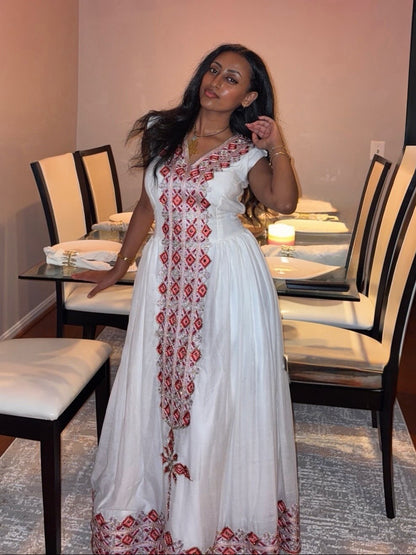 Burgundy & Silver Diamond Tilf Habesha Kemis Short Sleeve Ethiopian Clothing & Habesha Dress 1218