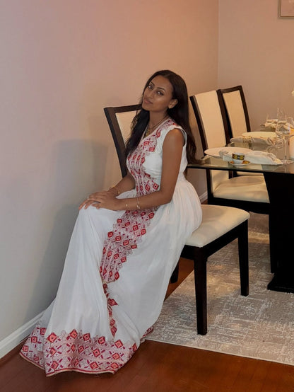 Burgundy & Silver Diamond Tilf Habesha Kemis Short Sleeve Ethiopian Clothing & Habesha Dress 1218