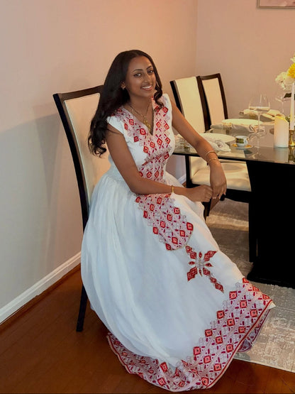 Burgundy & Silver Diamond Tilf Gown Sleeveless Habesha Dress 