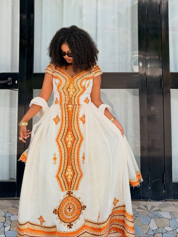 Amber Orange & Gold Medallion V-Neck Cap Sleeve Habesha kemis Exclusive Ethiopian clothing & Habesha Dress 1219