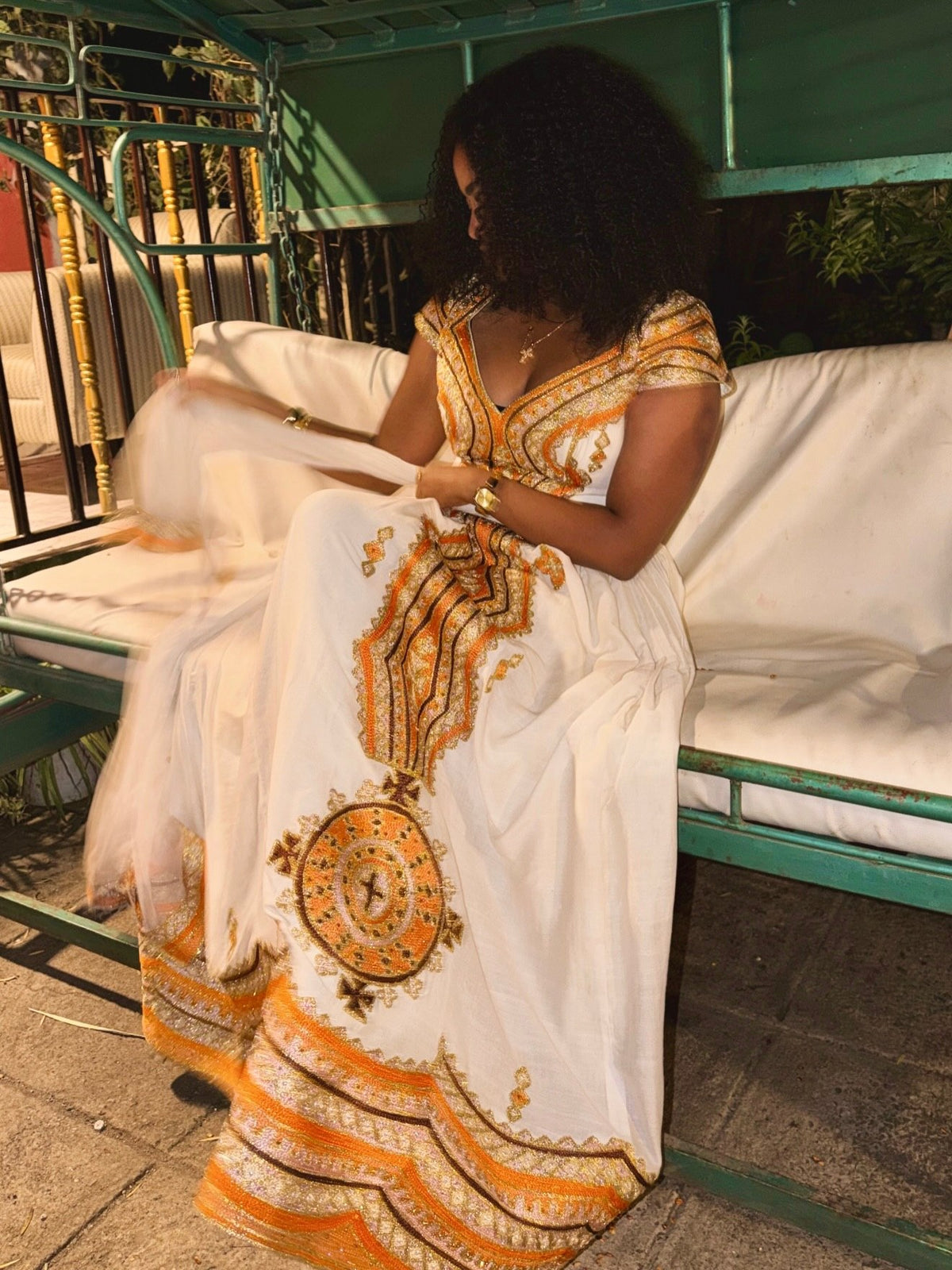 Amber Orange & Gold Medallion V-Neck Cap Sleeve Habesha kemis Exclusive Ethiopian clothing & Habesha Dress 1219