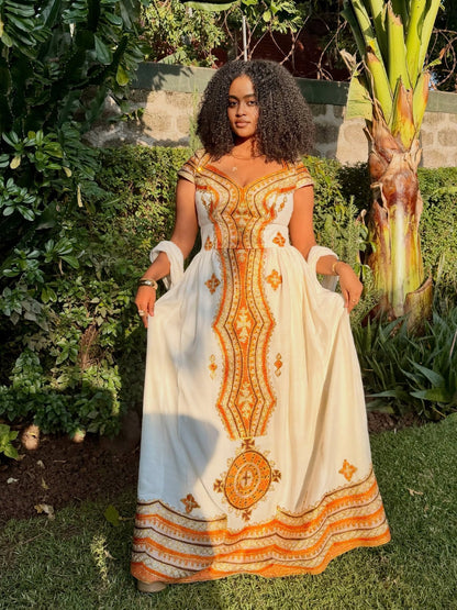 Amber Orange & Gold Medallion V-Neck Cap Sleeve Habesha kemis Exclusive Ethiopian clothing & Habesha Dress 1219