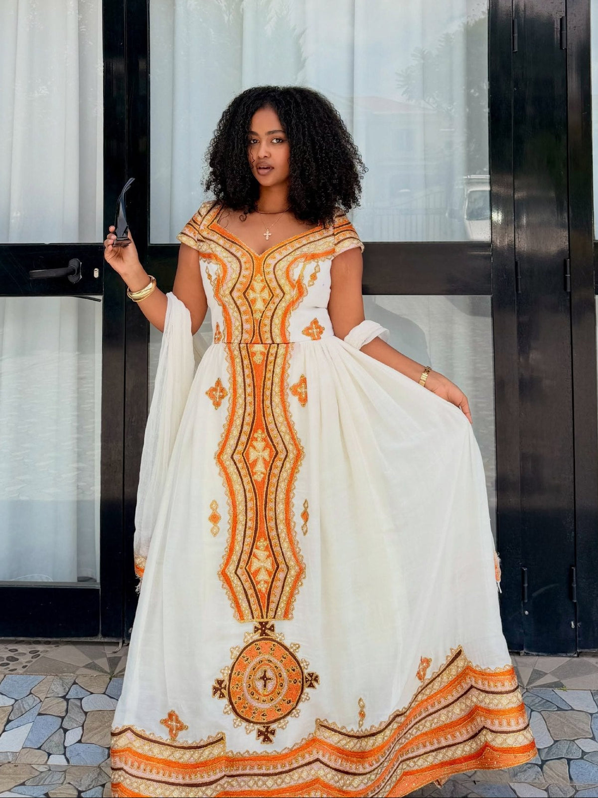 Amber Orange & Gold Medallion Gown | Fine habesha cloth