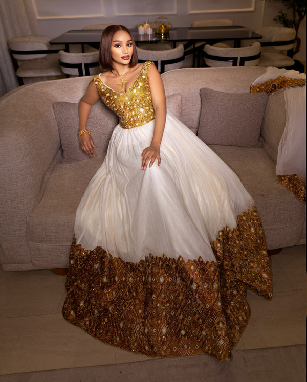 Royal Gold Corset ethiopian wedding dress Fine Habesha Cloth   