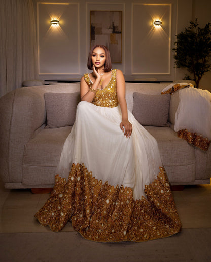 Opulent Metallic Gold Bodice & Hem Corset Habesha Kemis Traditional Ethiopian Wedding Dress 1220