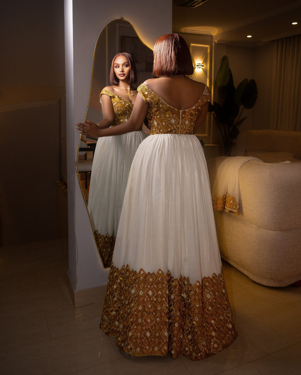 Opulent Metallic Gold Bodice & Hem Corset Habesha Kemis Traditional Ethiopian Wedding Dress 1220