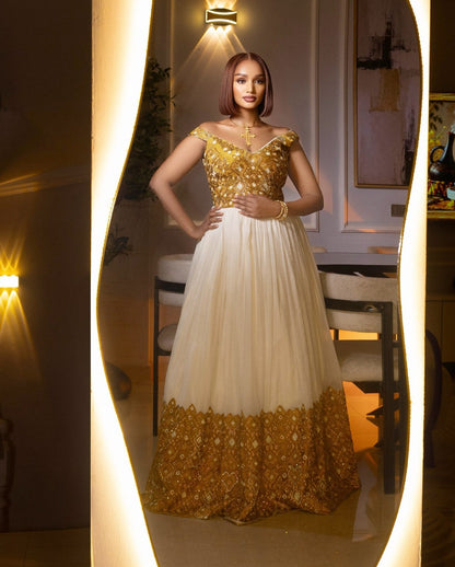 Opulent Metallic Gold Bodice & Hem Corset Habesha Kemis Traditional Ethiopian Wedding Dress 1220