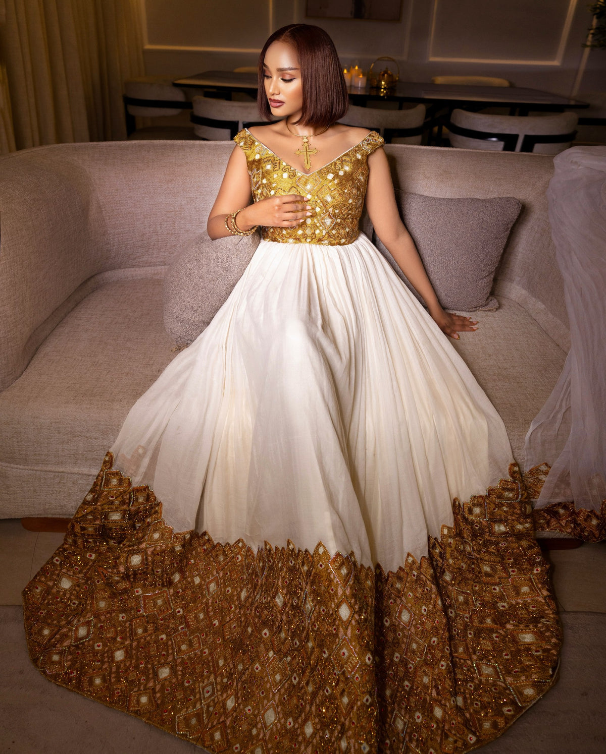 Opulent Metallic Gold Bodice & Hem Corset Habesha Kemis Traditional Ethiopian Wedding Dress 1220