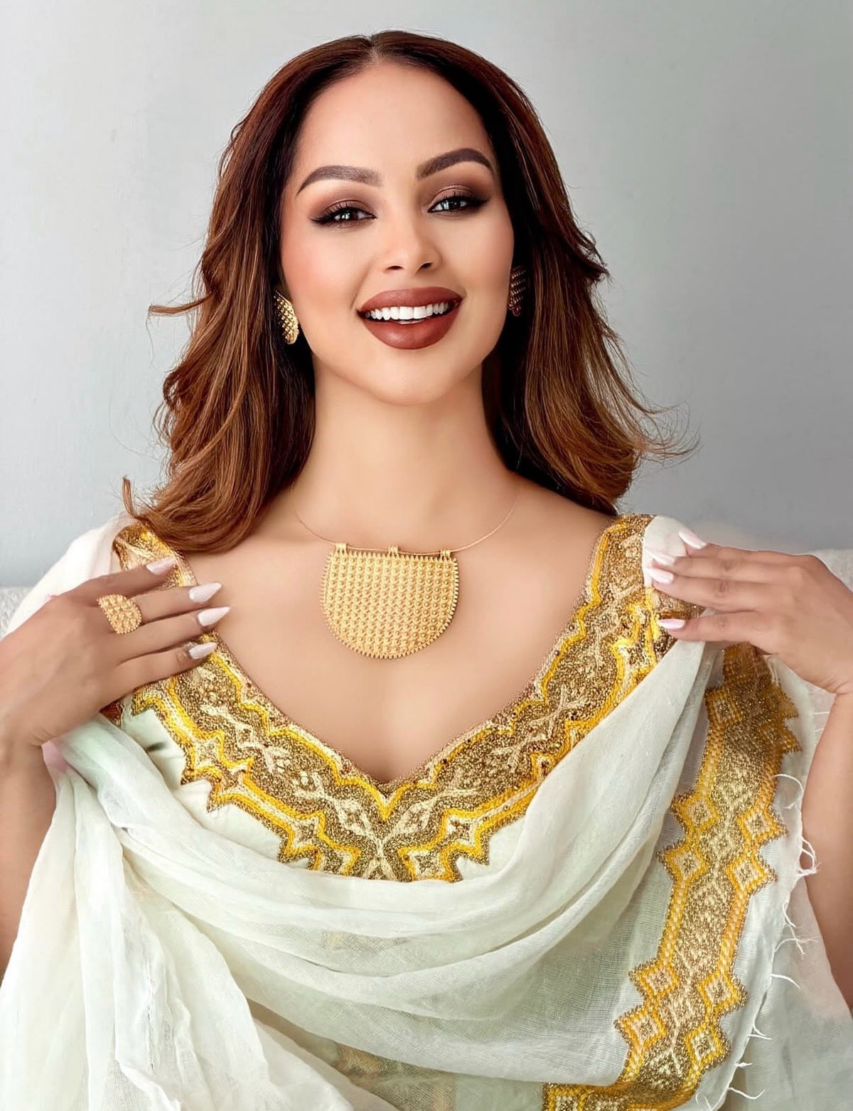Golden Sunburst V-Neck Cap Sleeve Handwoven Ethiopian dress Luxury Ethiopian Clothing & Traditional Ethiopian dress 1221