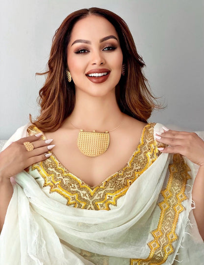 Golden Sunburst V-Neck Cap Sleeve Handwoven Ethiopian dress Luxury Ethiopian Clothing & Traditional Ethiopian dress 1221