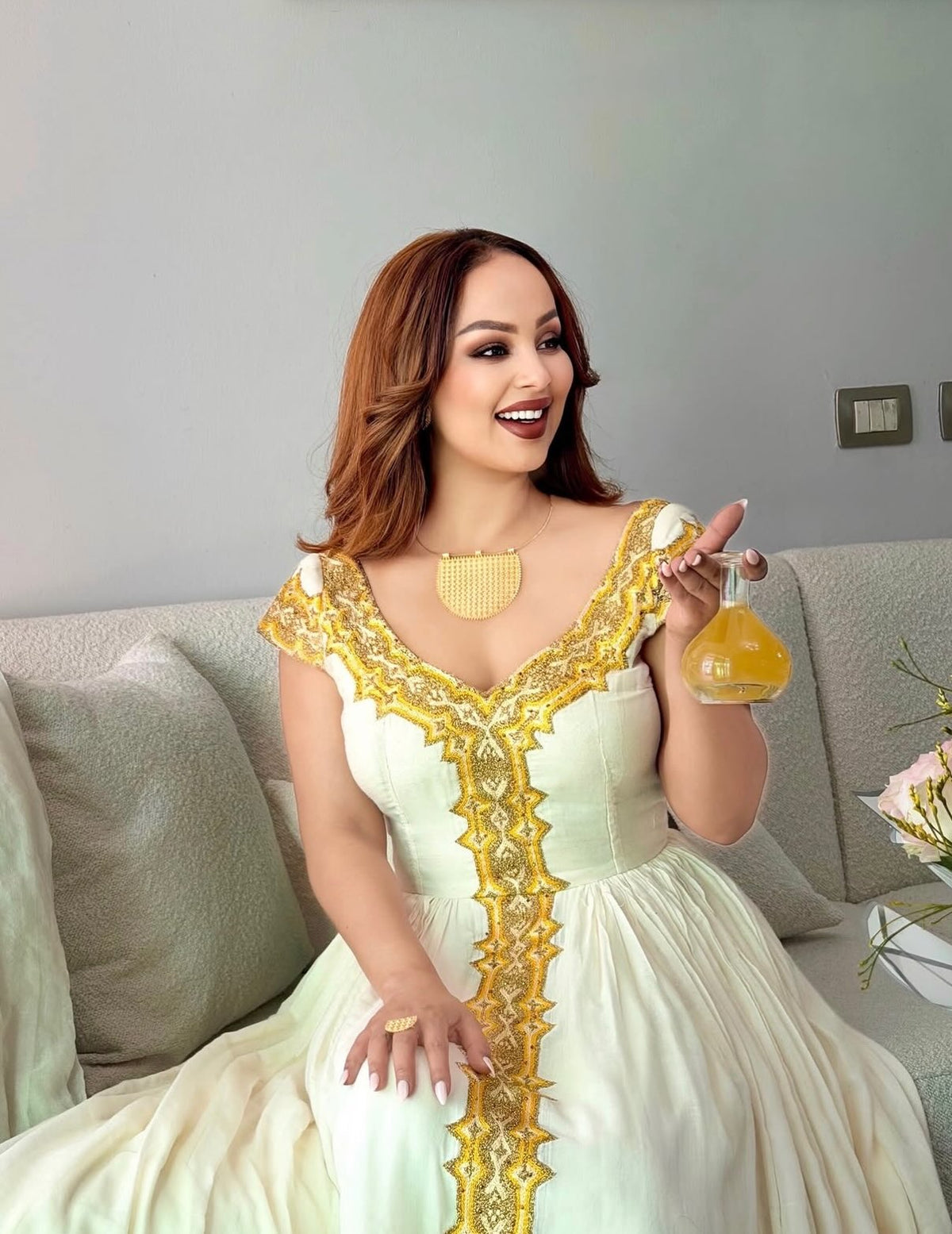 Golden Sunburst V-Neck Cap Sleeve Handwoven Ethiopian dress Luxury Ethiopian Clothing & Traditional Ethiopian dress 1221