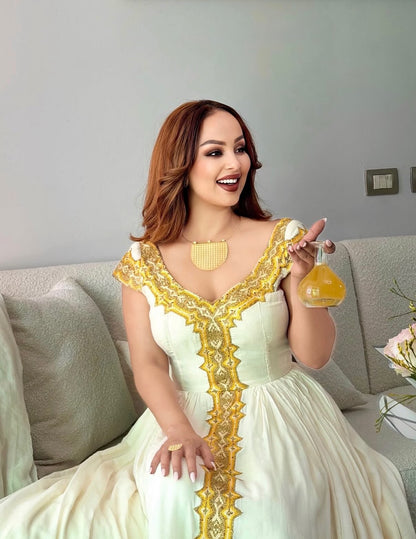 Golden Sunburst V-Neck Cap Sleeve Handwoven Ethiopian dress Luxury Ethiopian Clothing & Traditional Ethiopian dress 1221
