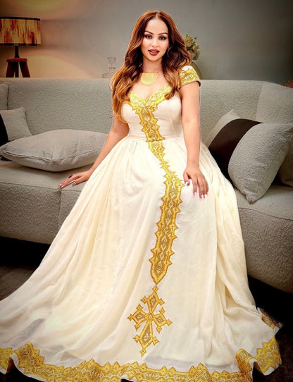 Golden Sunburst V-Neck Gown Fine habesha cloth