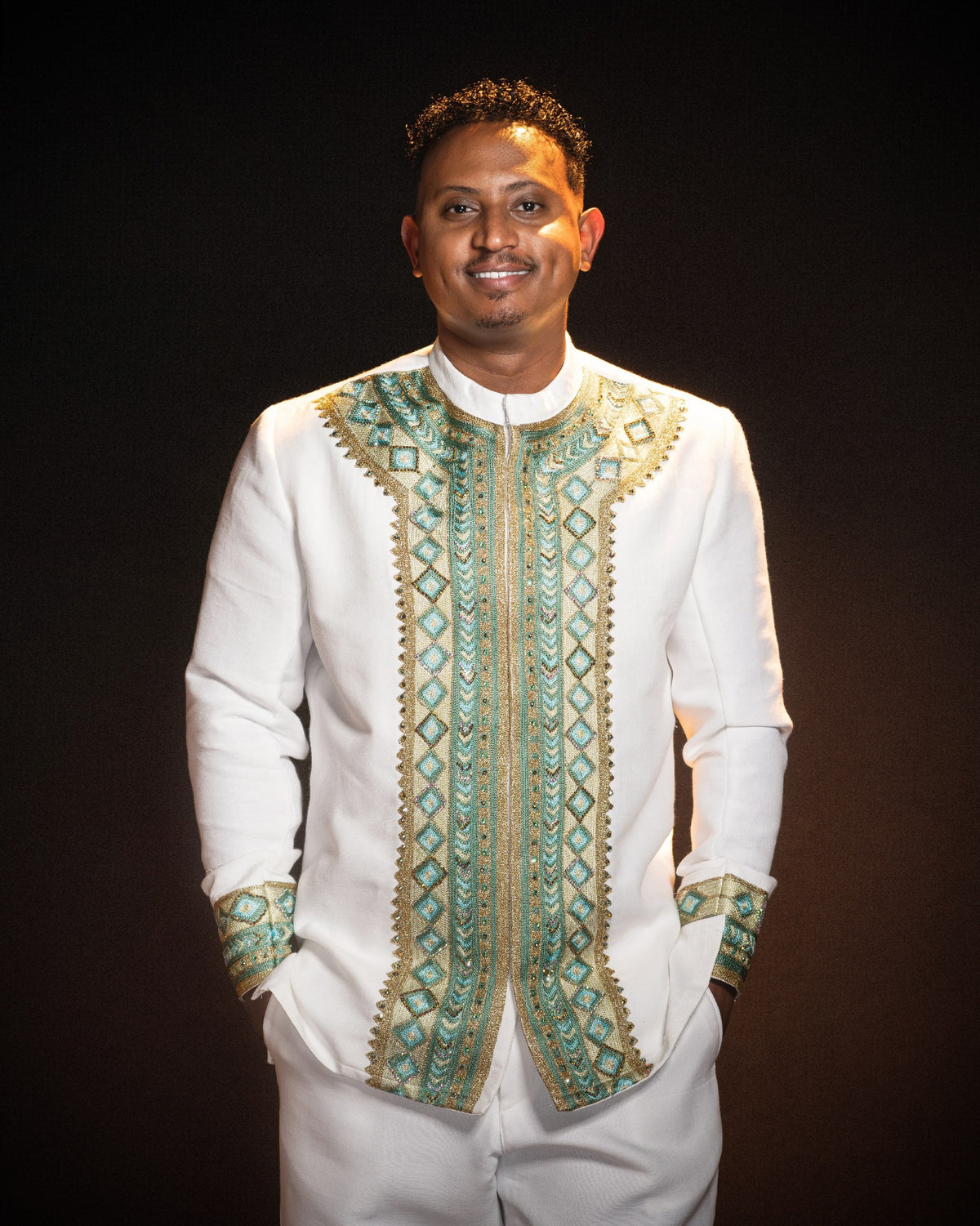 Royal Emerald Teal & Gold Habesha Men Shirt Fine habesha cloth