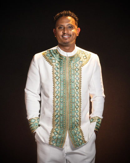 Royal Emerald Teal & Gold Habesha Men Shirt Fine habesha cloth