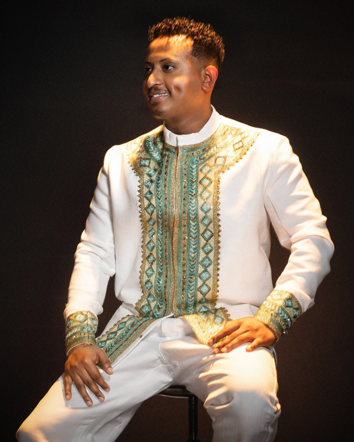 Royal Emerald Teal & Gold Embroidered Mandarin Collar Habesha Men Shirt Premium Ethiopian Men Clothing 1222