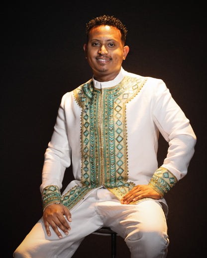 Royal Emerald Teal & Gold Embroidered Mandarin Collar Habesha Men Shirt Premium Ethiopian Men Clothing 1222