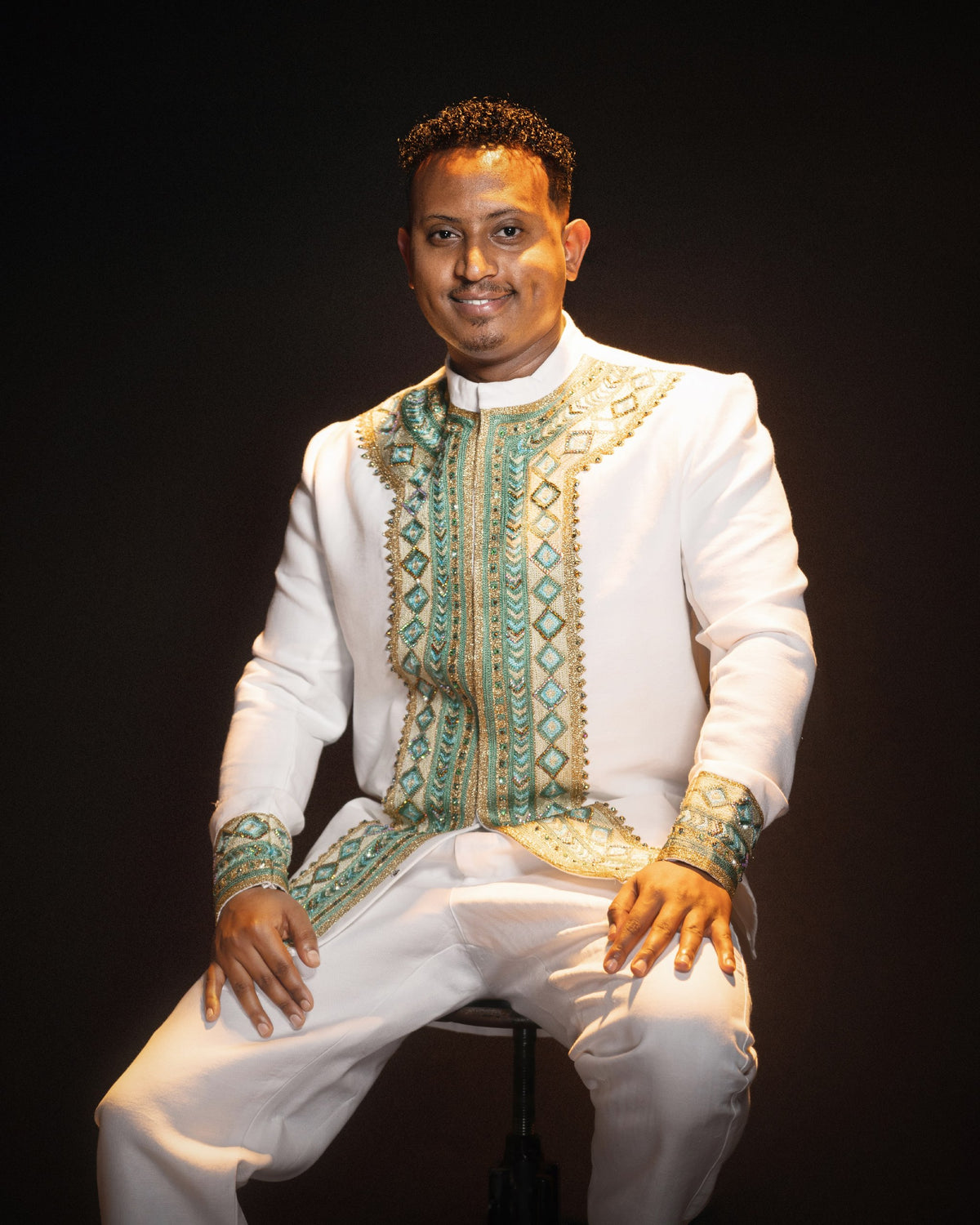 Royal Emerald Teal & Gold Embroidered Mandarin Collar Habesha Men Shirt Premium Ethiopian Men Clothing 1222