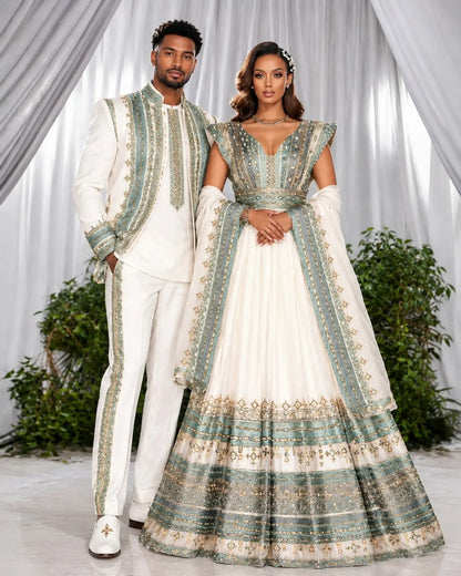 Shop AI-Generated Matching Habesha Couple Outfits Online Sage & Silver Ethiopian Couple Attire