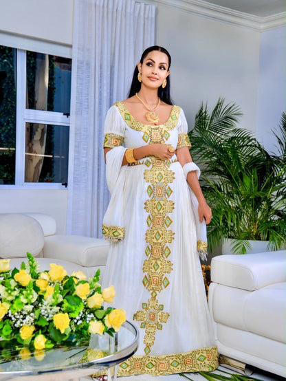 Golden Yellow & Olive Geometric Scoop Neck Puff Sleeve Habesha Kemis Elegant Ethiopian Clothing & Habesha dress 1225