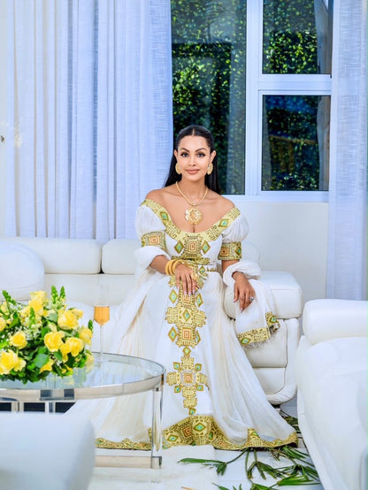 Golden Yellow & Olive Geometric Scoop Neck Puff Sleeve Habesha Kemis Elegant Ethiopian Clothing & Habesha dress 1225