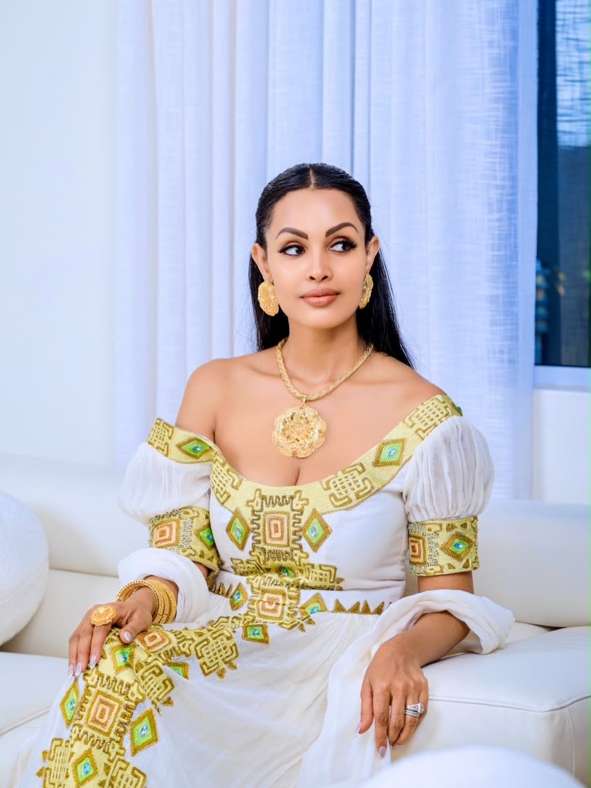 Golden Yellow & Olive Geometric Scoop Neck Puff Sleeve Habesha Kemis Elegant Ethiopian Clothing & Habesha dress 1225