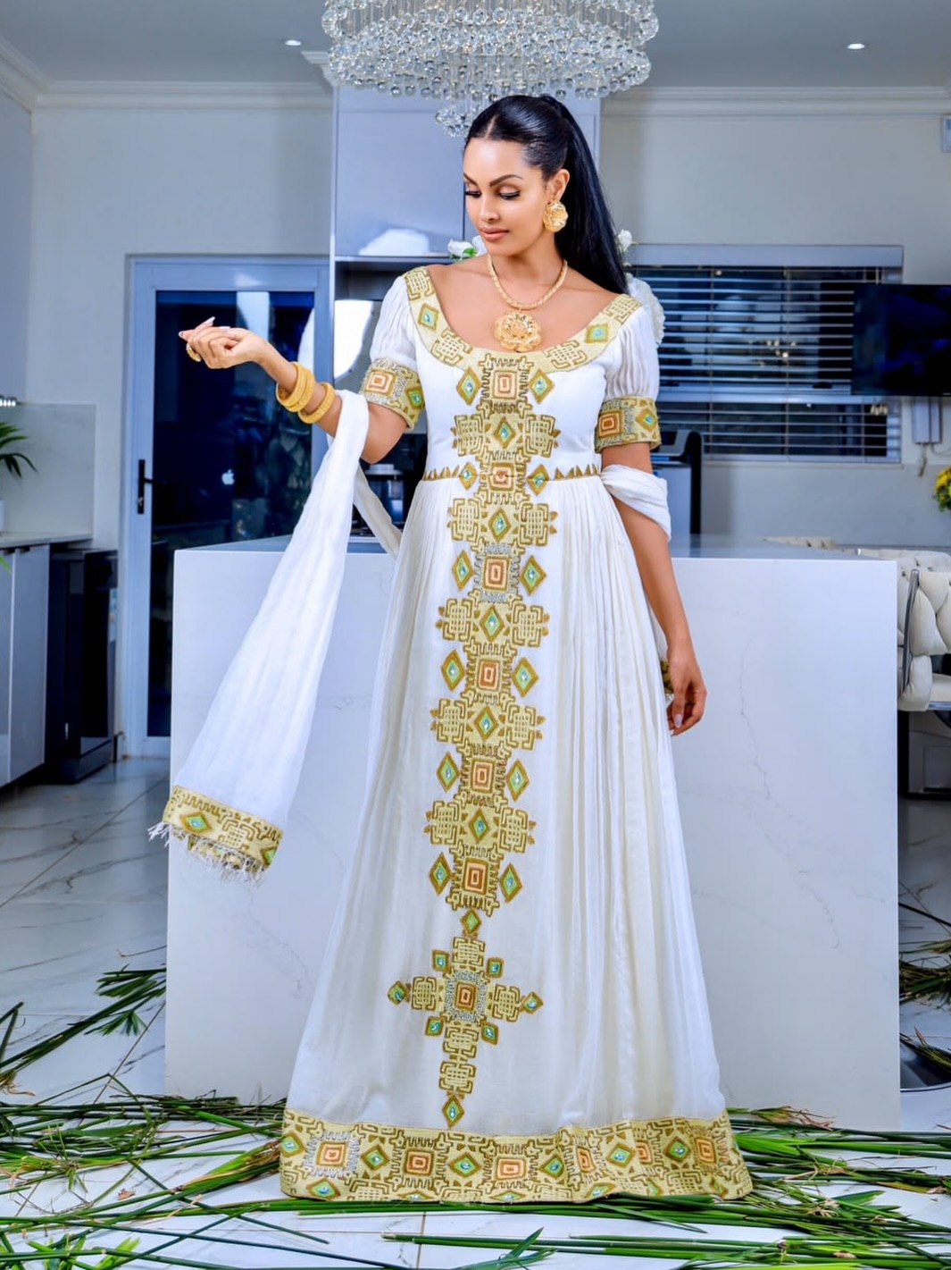 Golden Yellow & Olive Scoop Neck Gown Fine habesha cloth