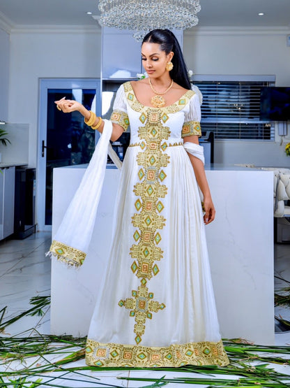 Golden Yellow & Olive Scoop Neck Gown Fine habesha cloth