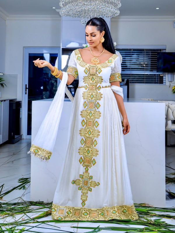 Golden Yellow & Olive Scoop Neck Gown Fine habesha cloth