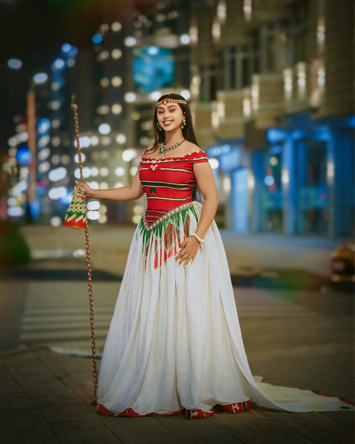 Red Off-the-Shoulder Oromo Traditional Dress Gown with Beaded Fringe & Cowrie Trim Ethiopian clothing 1226