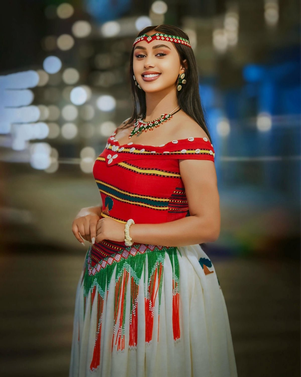 Red Off-the-Shoulder Oromo Traditional Dress Gown with Beaded Fringe & Cowrie Trim Ethiopian clothing 1226