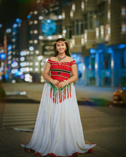 Red Off-the-Shoulder Oromo Traditional Dress Gown with Beaded Fringe & Cowrie Trim Ethiopian clothing 1226