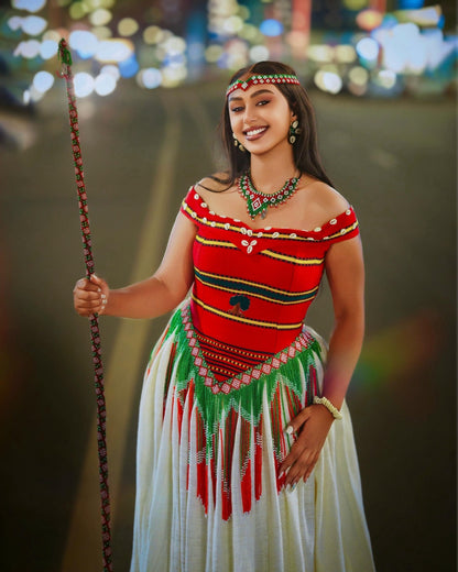Red Off-the-Shoulder Oromo Traditional Dress Gown with Beaded Fringe & Cowrie Trim Ethiopian clothing 1226