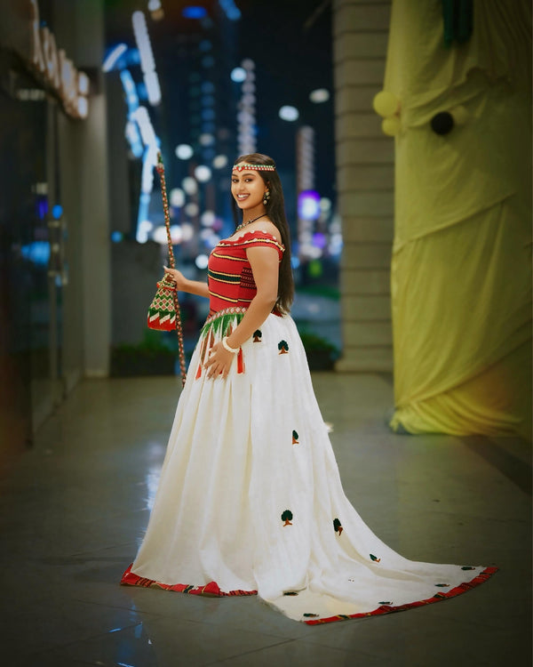 Red Off-the-Shoulder Oromo Traditional Dress Gown with Beaded Fringe & Cowrie Trim Ethiopian clothing 1226
