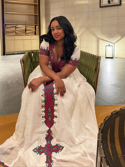 Magenta & Green Diamond Tilf Ethiopian dress Gown Habesha clothing & Habesha Traditional Dress 1227