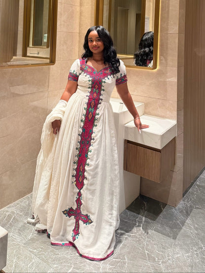 Magenta & Green Diamond Tilf Ethiopian dress Gown Habesha clothing & Habesha Traditional Dress 1227