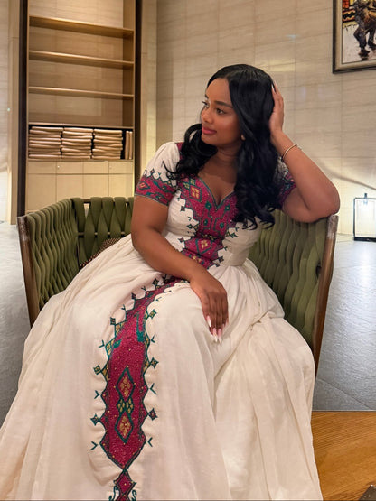 Magenta & Green Diamond Tilf Ethiopian dress Gown Habesha clothing & Habesha Traditional Dress 1227