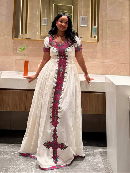 Magenta & Green Diamond Tilf Ethiopian dress Gown Habesha clothing & Habesha Traditional Dress 1227